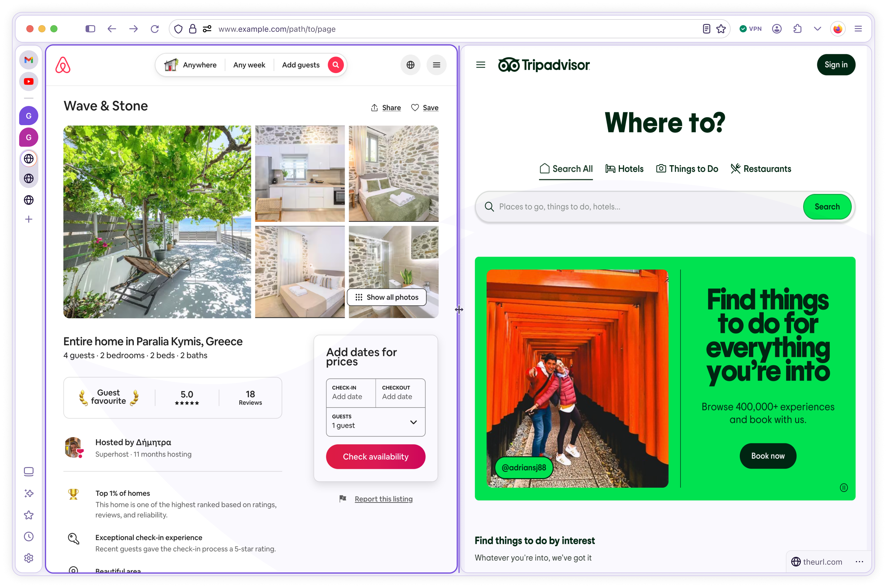 Browser composite — Compact Mode split window with vertical tabs