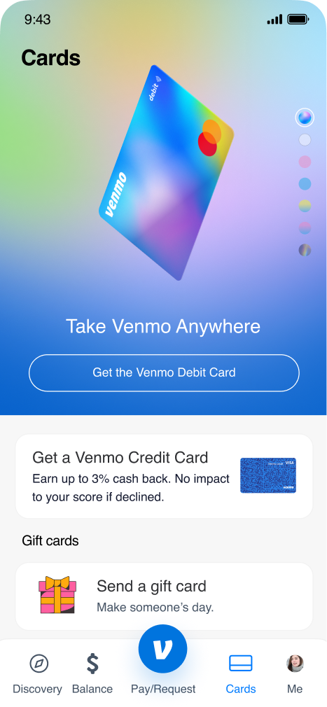 Venmo Cards — debit, credit, gift cards